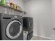 Laundry room features side-by-side washer and dryer, wire shelving above, and tile flooring at 161 Pampas Pl, Statesville, NC 28625