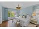 Light blue bedroom featuring large window, bench, lamps, and a decorative light fixture at 2315 Winthrop Ave, Charlotte, NC 28203
