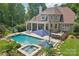 Aerial view of backyard with a swimming pool, hot tub, outdoor kitchen, patio, and lush landscaping at 3327 Lakeside Dr, Charlotte, NC 28270