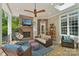 Relaxing covered patio boasts a fireplace, tv, overhead fans, comfortable seating, and natural light at 3327 Lakeside Dr, Charlotte, NC 28270