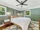Cozy bedroom featuring hardwood floors, large windows with outside views, and modern decor at 3530 Woodleaf Rd, Charlotte, NC 28205