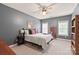 Cozy bedroom with a metal frame bed, dark gray walls, and two windows at 8115 Wilburn Ct, Charlotte, NC 28277