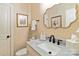 Cozy powder room featuring a marble sink, decorative mirror, and neutral paint at 1520 Cureton Dr, Rock Hill, SC 29732