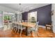 Bright dining room features a large table with unique lighting, art, and access to other rooms in the home at 1801 E 8Th St, Charlotte, NC 28204