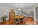 Dining room features hardwood floors, a stylish light fixture, and a seamless transition into the kitchen at 227 Wingrave Dr, Charlotte, NC 28270