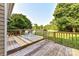 Open wooden deck features outdoor seating, wood railing, and a serene backyard view at 4637 Shannamara Dr, Matthews, NC 28104