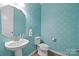 Cozy half bathroom featuring a pedestal sink, toilet, and blue patterned wallpaper at 809 Ayrshire Ave, Fort Mill, SC 29708