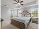 This main bedroom has a tray ceiling, a ceiling fan, and carpet flooring with two windows at 809 Ayrshire Ave, Fort Mill, SC 29708