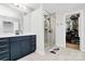 Modern bathroom featuring a glass-enclosed shower and vanity with storage at 11043 Stetler St, Charlotte, NC 28204