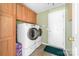 Convenient laundry room featuring a washer and dryer, storage cabinets, and easy access to the exterior at 1107 Rachel Anne Dr, Belmont, NC 28012