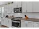 Close-up of kitchen with stainless steel appliances, granite countertops, white cabinets, and subway tile backsplash at 1230 Therns Ferry Dr, Fort Mill, SC 29708