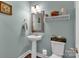 Powder room featuring stylish fixtures, pedestal sink, modern mirror, and decorative accents at 1230 Therns Ferry Dr, Fort Mill, SC 29708