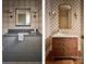 Elegant bathroom featuring a gray vanity with sleek countertop, modern fixtures, and decorative sconces at 2270 New Gray Rock Rd, Fort Mill, SC 29708