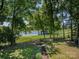 Landscaped backyard featuring a pond, outbuilding, and tree lined property at 3531 Bon Rea Dr, Charlotte, NC 28226