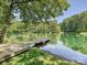 Wooden dock stretches onto a placid lake surrounded by lush greenery, framed by an overhanging tree at 643 Baron Rd # 8, Waxhaw, NC 28173