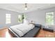 Spacious main bedroom with a tray ceiling, hardwood floors, and a modern platform bed at 9004 Lauriston Pl, Mint Hill, NC 28227