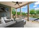 Comfortable covered back porch with a view of the pool, plenty of seating, and a ceiling fan at 9125 Dylan Ridge Ct, Concord, NC 28027