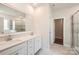 Bathroom featuring double sink vanity, white cabinets, and a glass enclosed shower at 1540 Croydon St, Indian Land, SC 29707