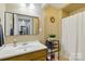 Cozy bathroom featuring a shower/tub combo with modern fixtures and an updated sink at 4230 Train Chaser Pl, Indian Land, SC 29707