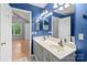 Bathroom featuring a double sink vanity, blue walls, and tile floors at 4557 Panther Pl, Charlotte, NC 28269