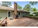 Outdoor wooden deck with a brick fireplace and grill at 6231 Coach Hill Ln, Charlotte, NC 28212