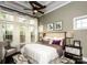 A bright main bedroom featuring large windows and a decorative ceiling fan at 6510 Honeymeade Cir, Charlotte, NC 28277