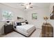 This bedroom boasts two windows for ample light, neutral walls, and a ceiling fan at 818 Stowe Ln, Gastonia, NC 28056