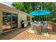Outdoor entertaining space with a grill, dining table, and blue umbrella at 2298 Wintercrest Dr, Rock Hill, SC 29732