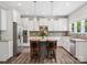 Modern kitchen featuring white cabinets, stainless steel appliances, and a gray island with granite countertops at 4576 Fox Ridge Ln, Fort Mill, SC 29707