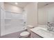 Clean bathroom featuring a tub-shower combination, single sink vanity, and a large mirror at 6337 Fairfax Ct, Maiden, NC 28650