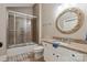 Bathroom with a granite vanity, tile floor, and a shower-tub combo at 1032 Seminole Dr, Waxhaw, NC 28173
