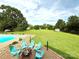 Spacious backyard featuring a fire pit with chairs and expansive green space, perfect for outdoor enjoyment at 141 Weathers Creek Rd, Troutman, NC 28166