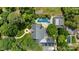 Aerial view of a home with a pool, lush landscaping, and stone walkways at 640 Colville Rd, Charlotte, NC 28207
