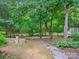 Lush backyard with mature trees, stone pathway, and a privacy fence at 7317 Red Branch Ln, Charlotte, NC 28226