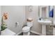Cozy half bathroom featuring a pedestal sink, decorative mirror, and luxury vinyl plank flooring at 9524 Eagle Feathers Dr, Charlotte, NC 28214