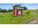 Exterior view of a small red and white shed on a lush green lawn with trees in the background at 956 Stony Point Rd, Kings Mountain, NC 28086