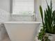 Modern bathroom with white soaking tub, marble tile surround, and green plants at 147 Whitley Mills Rd, Fort Mill, SC 29708