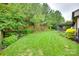 Backyard with lush green grass, wooden fence, and natural landscaping at 268 Hillsborough Ln, Rock Hill, SC 29732