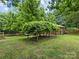 Lush green backyard with garden area, storage shed, and beautiful greenery create a private retreat at 3042 Cresthill Dr, Charlotte, NC 28212