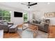 Inviting living room with hardwood floors, large windows, a comfortable sofa and accent chair at 3042 Cresthill Dr, Charlotte, NC 28212