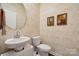Powder room showcasing unique wallpaper and a classic pedestal sink at 500 Cedar Knoll Cir, Pineville, NC 28134