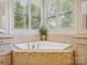 Close up of tub with tile surround and large window providing ample natural light and green outdoors at 5805 Copperleaf Commons Ct, Charlotte, NC 28277