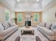 Bright and open living room features a tray ceiling and neutral decor at 5805 Copperleaf Commons Ct, Charlotte, NC 28277