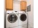 Modern laundry room features Samsung washer and dryer with cabinets above at 5926 Sharon Rd, Charlotte, NC 28210