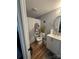 Stylish bathroom features a playful dinosaur shower curtain and gray vanity for a fun, modern touch at 110 Buffalo Nw Ave, Concord, NC 28025