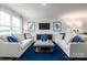 Bright living room featuring large windows, neutral furniture, and a plush blue area rug at 12013 Beaux Art Ln, Charlotte, NC 28214