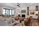 Stylish living room with hardwood floors, a fireplace, comfortable sofas, and large glass doors to the outside at 14105 Ryker Way, Davidson, NC 28036