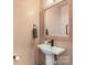 Charming powder room featuring a pedestal sink, decorative mirror, and warm color scheme at 4520 Radler Ct, Charlotte, NC 28217