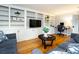 Living room showcasing hardwood floors, built-in shelving, and a cozy seating arrangement at 6941 Queensberry Dr, Charlotte, NC 28226