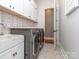 Well-lit laundry room with white cabinets, gray washer and dryer, and decorative wallpaper at 705 Woburn Abbey Dr, Fort Mill, SC 29715